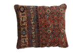 Antique Bijar floor pillow with rich red field and detailed patterns in blue, ivory, dusty yellow, featuring its unique border.