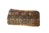Vintage Floral Caucasian Rug Fragment Pillow, geometric design, earth tones, tangerine velvet back.