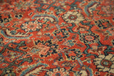 Bold ruby red, teal patterns on intricate hand-knotted pile of an antique Bijar.