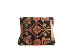 Antique Northwest Persian rug fragment pillow corner, charcoal geometric pattern, peach linen blend.
