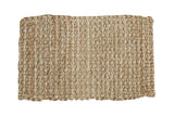Hand braided beige entrance mat with chunky, natural fiber texture and vertical light accents, 2' x 3'2