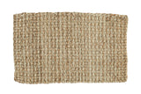 Hand woven beige entrance mat with durable natural fiber texture and vertical light stripes.
