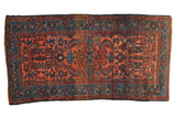 Vintage Persian Hamadan runner, hand-knotted with terracotta and teal geometric floral patterns.