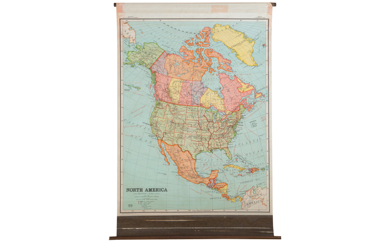 Antique Nystrom Pull Down Map of North America // ONH Item 2473