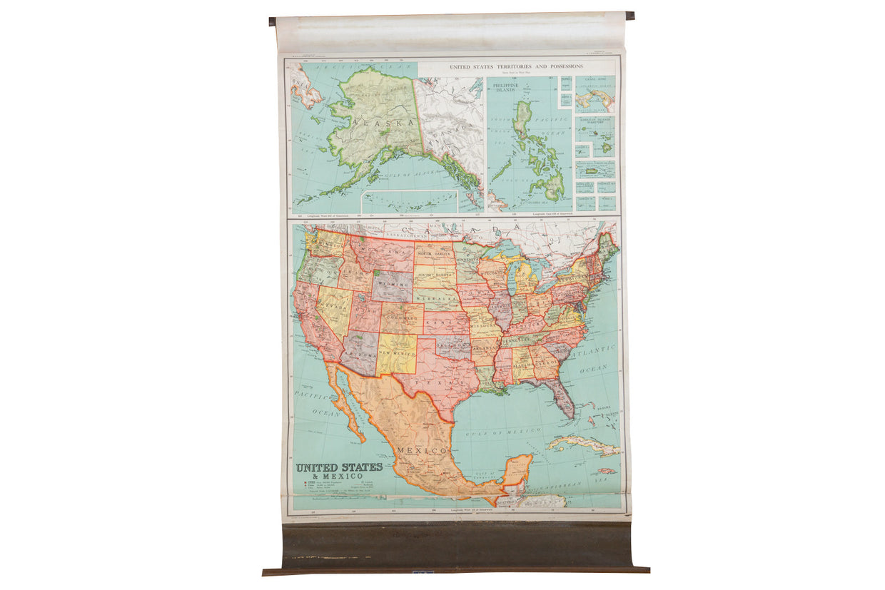 Antique Nystrom Pull Down Map of USA // ONH Item 2474