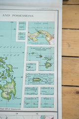 Nystrom map of Hawaiian Islands, Canal Zone, Pacific Ocean. Green, blue, with paper bowing.