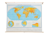 Vintage Denoyer Geppert world map, bright yellow continents, light blue oceans. 52x64 inches.