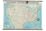 Vintage Illinois Central Railroad pull down map of the US, red lines on green and blue.