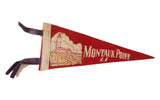Vintage red felt Montauk Point flag pennant, white lighthouse graphic, purple ties, 5x11 inches.