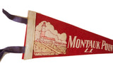 Detail of red felt Montauk Point pennant with lighthouse graphic and beige L.I. text.