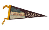 Vintage Boston Mass. felt pennant, 1950s swan boat scene, dark background, 7x17.5 inches.
