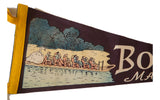 Boston Mass. vintage felt flag with swan, people in boat, and bright yellow border.