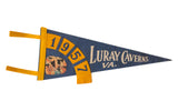 Vintage 1957 Luray Caverns VA felt pennant, dark blue with gold text, cave illustration.
