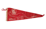 Red vintage felt pennant with white dinosaur and 1969 New York text.