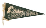 Vintage dark green felt Camp Pioneer pennant with cream graphic, 7 by 17.5 inches.