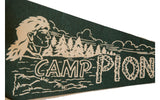 Cream profile illustration, pine trees, and 'CAMP' on the vintage green felt flag.