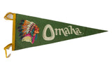 Green felt pennant flag with Native American profile, colorful headdress, and 