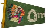 Angled close-up of vintage Omaha felt flag, vibrant chief illustration, and green texture.