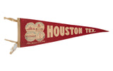 Red vintage Houston TX felt pennant, beige lettering, four monuments, Felix Mexican Curio Shop.