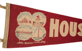 Vintage Houston TX felt flag showing four monuments and 'Felix Mexican Curio Shop' text.