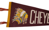 Off-white 'CHEYE' lettering detail on a vintage maroon felt pennant.