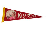 Kittredge Colo. Vintage Felt Flag pennant with red felt, yellow trim, and mountain and tree graphic.
