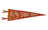 Vintage red felt Saint John NB Visiting Canada pennant with crossed flags.