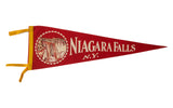 Vintage red felt Niagara Falls NY pennant with waterfall illustration, yellow trim.