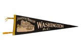 Mid-century Washington DC felt pennant, black with cream Franciscan Monastery graphic, 9x26 inches.
