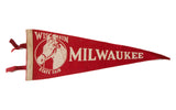 Vintage red felt Wisconsin Milwaukee State Fair pennant with white horse graphic.