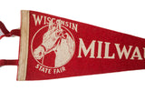 Vintage red felt Milwaukee State Fair pennant with white horse graphic, visible creases.