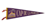 Purple felt Cap-de-la-Madeleine vintage flag pennant with historical building graphic, 8