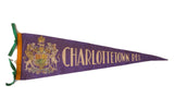 Charlottetown P.E.I. Vintage Felt Flag, purple with cream lettering, an emblem, green ties, 7.5x23 inches.