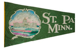 White 'St. Pa Minn.' text on green felt with State Capitol illustration on vintage pennant.