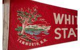 Vintage felt flag graphic depicting a tree, lake, mountains and Tamworth, N.H. text.