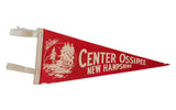 Center Ossipee New Hampshire vintage felt flag, red with cream text and rustic illustration.