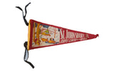 St. Johnsbury VT Maple Center of World vintage felt flag, red with winter sugaring illustration.