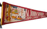 Vintage St. Johnsbury felt flag illustration of maple sugaring, red and white text.