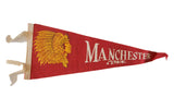 Vintage Manchester Connecticut felt pennant, red with gold Native American profile, white text, 7x17 inches.