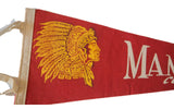 Cream fabric binding and red felt with golden graphic on vintage Manchester CT flag.