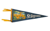 Vintage St. Johnsbury VT. felt pennant, navy blue with deer illustration, yellow ties.