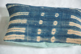 Vintage Indigo Blue Batik Pillow featuring sun-faded cream patterns and mint green linen backing.
