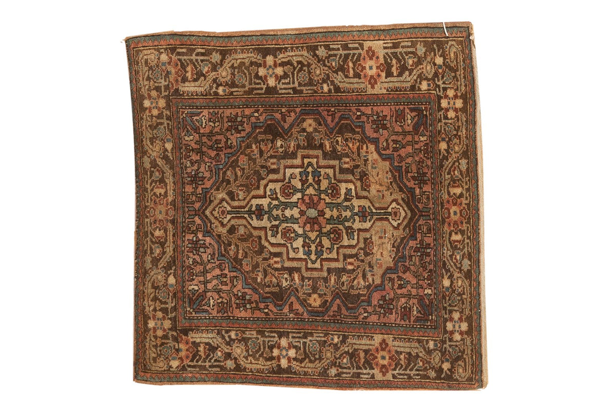 Vintage Josan Sarouk square rug with a stepped center medallion in soft chocolate brown, dusty blush, and sky blue.