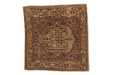 Vintage Josan Sarouk square rug with a stepped center medallion in soft chocolate brown, dusty blush, and sky blue.