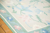 Angled view of a vintage Dhurrie rug corner, showing green border with pastel floral motifs.