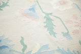 Vintage Dhurrie's hand woven texture shows honeydew green leaves, rose, powder and sky blue florals.