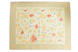 Minimalist vintage Dhurrie carpet, large yellow, blush, blue floral scrollwork, 7'10