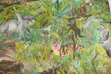 Vibrant 1970s Malaysian painting depicting a jungle with elephant, tiger, peacock, monkeys, 34x26.