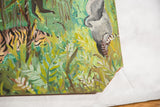 Detail of vintage Malaysian painting, showing tiger, vibrant green foliage, and a distressed corner.