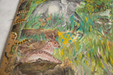 Vibrant spotted deer and yellow snake in a vintage Malaysian jungle painting.